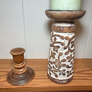 Wooden Candle Holder Distressed Carved Pair